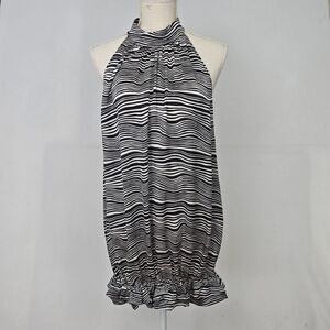 Bebe Women’s M Black White Stripe 100% Silk Halter Tunic Blouse Keyhole Back